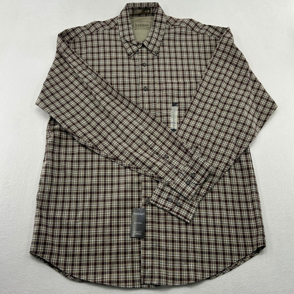 Haggar Generations Men's Large Plaid Button Down Shirt Burgundy Tan Cotton NWT